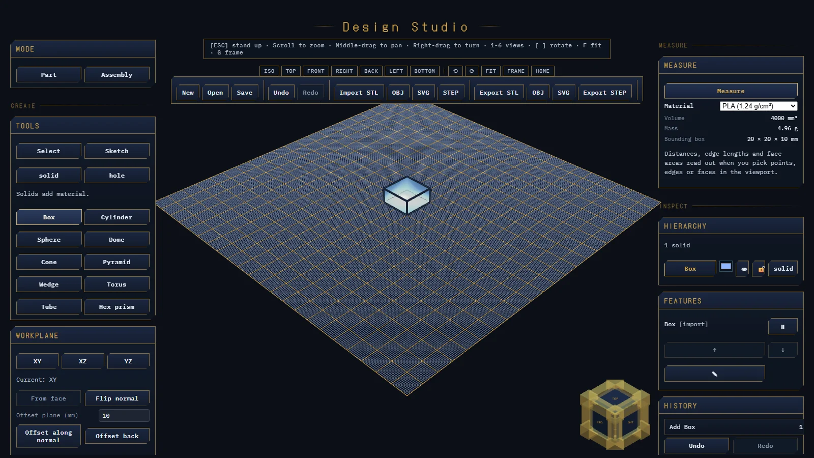 Design Studio bench: a solid box on an isometric grid, with modelling tools, measurements and STL and STEP export