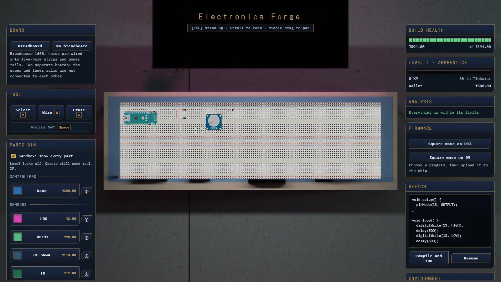 Electronics Forge bench: an Arduino Nano and parts on a breadboard, with live analysis, firmware and sketch panels