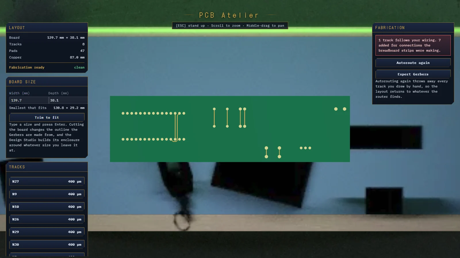 PCB Atelier bench: the breadboard circuit laid out as a green board with routed copper tracks and a Gerber export