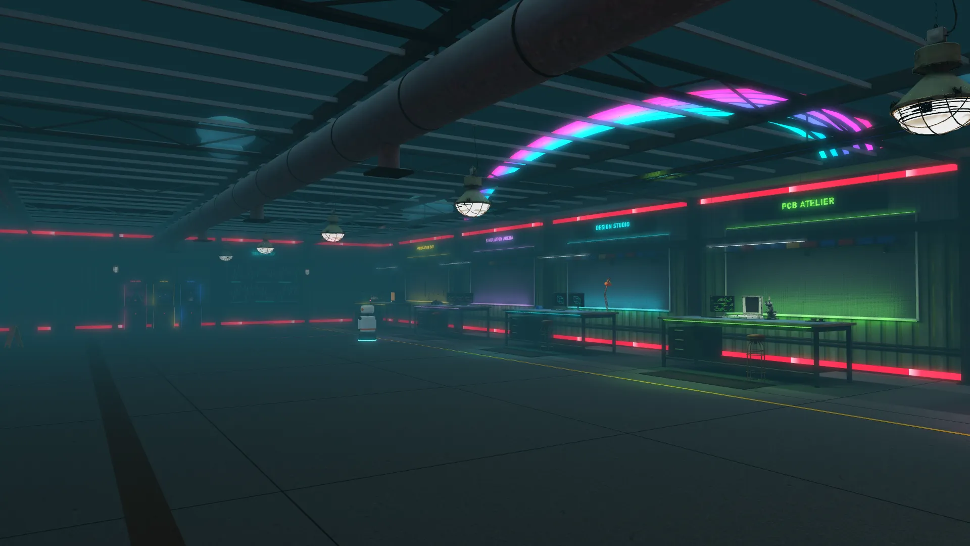 The AIRXLAB hall: PCB Atelier, Design Studio and Simulation Arena benches along a neon-lit wall